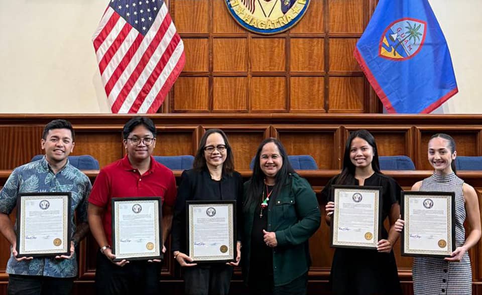 Former Vice Speaker Tina Rose Muña Barnes presented Legislative Resolution No. 616-37 to Dr. Doreen T. Crisostomo-Muña, Faculty Advisor and three University of Guam accounting students who won the Association of Government Accountants 2024 Government Finance Case Challenge. The presentation took place at the Guam Legislature on Dec. 18. From left to right: UOG Academic Advisement and Assessment Coordinator Jaran Aguon , student Albin Tinoso, Dr. Crisostomo-Muña, former Vice Speaker Tina Rose Muña Barnes, and students Katelyn Villa and Ilaria Williams-Dueñas.