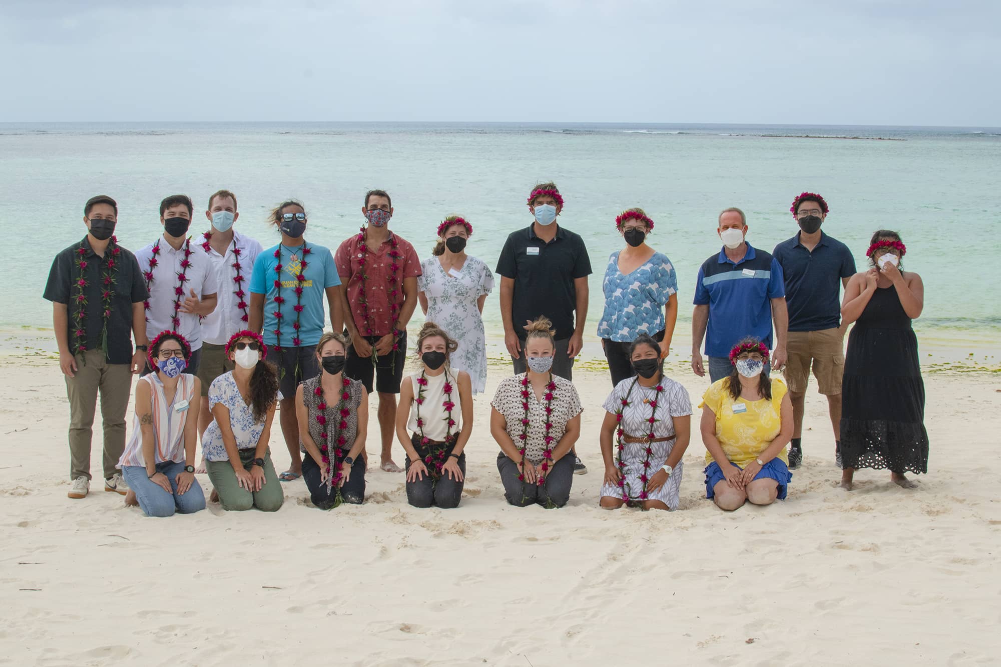 Students, staff, and directors of the 2022 PI-CASC Graduate Student Research Symposium are pictured on the beachside of Hyatt Regency Guam. The symposium will return to Guam on April 8 for the 2025 University of Guam Conference on Island Sustainability. Photo courtesy of the University of Guam