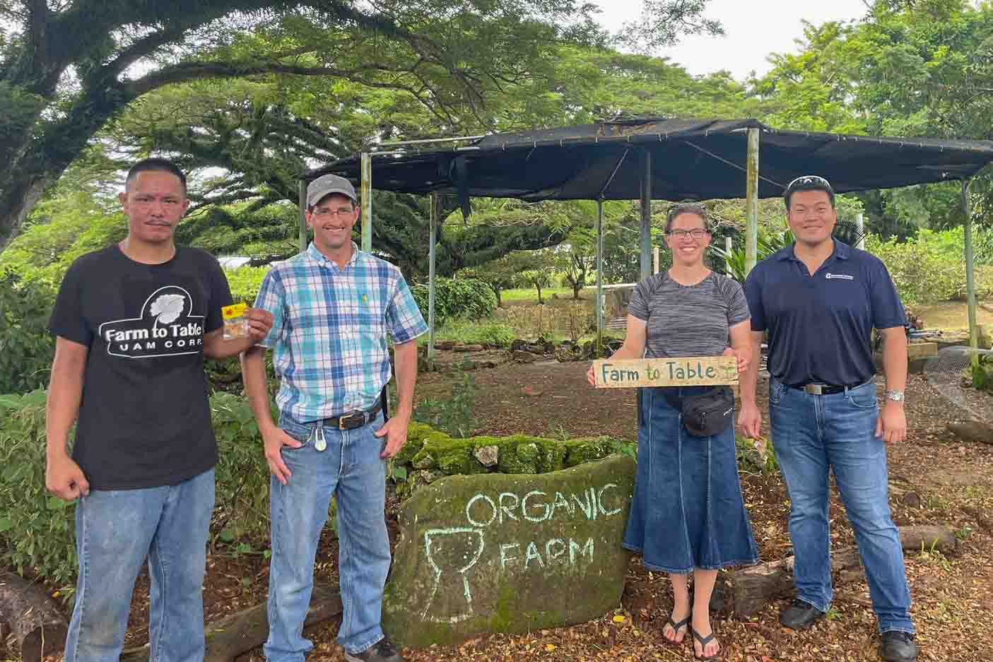 (From left) Joe Campos, farm manager at Farm-to-Table Guam Corp.; Ned Stoller, assistive technology professional and agricultural engineer for National AgrAbility Project; Heidi Stoller; and Kuan-Ju Chen, an agricultural economist with UOG Land Grant, at the Farm-to-Table property in Mangilao — one of the participating farms in cost of crop production study taking place at the University of Guam. Four people standing on a Guam farm