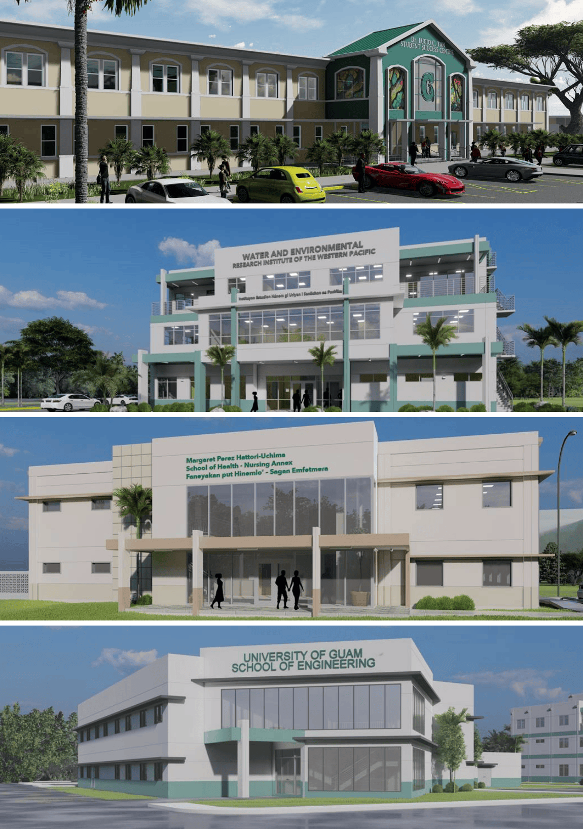 New building mockups for the Student Center, WERI, School of Health, and School of Engineering